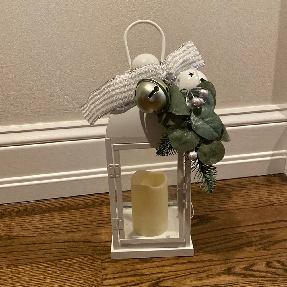 NWT! White lantern with led candle and decorative greenery/bells (removable)